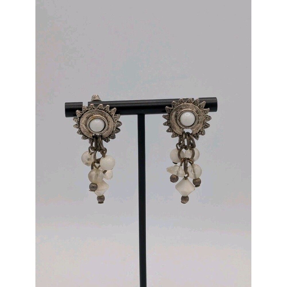 Vintage Boho Celestial Dangle Pierced Earrings Silver Tone Milkglass Moonglow